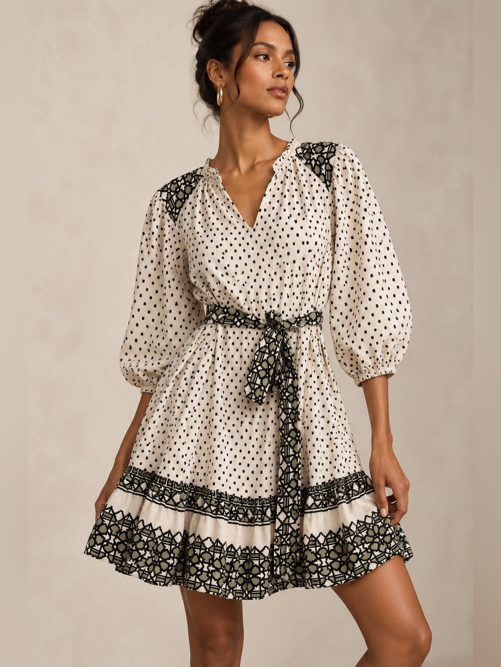 Knox Rose Boho Mini Dress Cream Black Square Dot Geometric Print Puff Sleeves M
